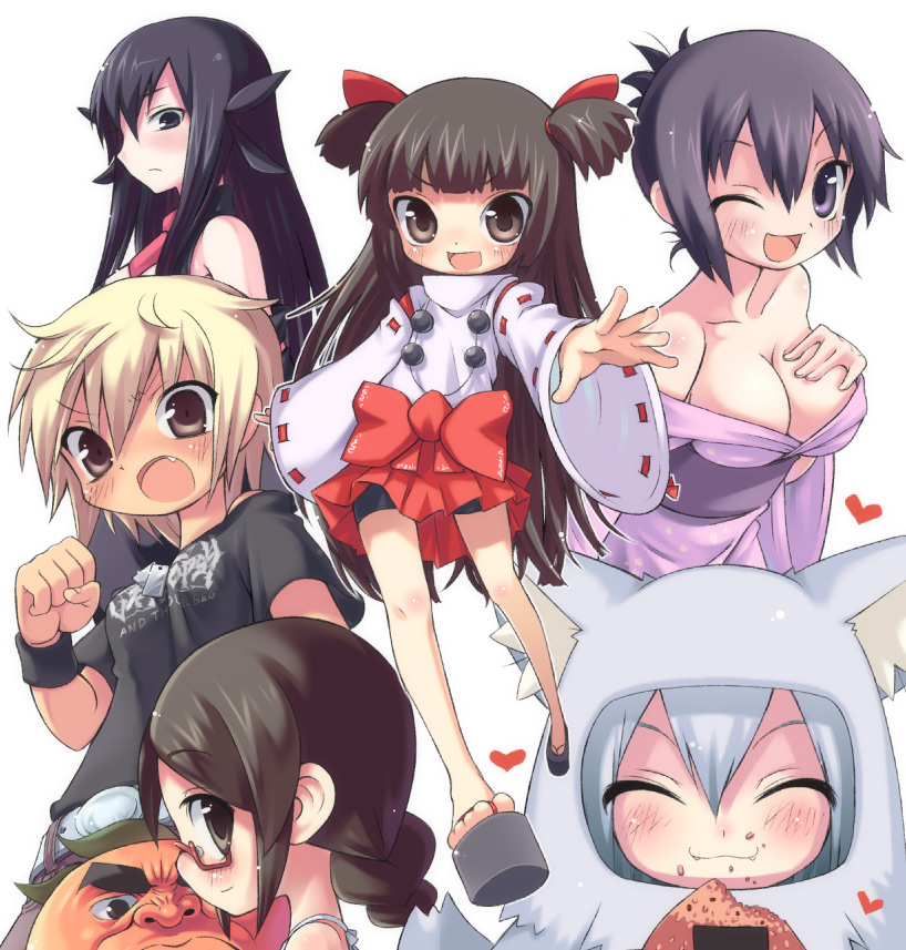 aida takanobu, source request, 6+girls, :3, blonde hair, braid, breasts, brown eyes, brown hair, cleavage, eating, glasses, hakama, hakama skirt, japanese clothes, large breasts, long hair, miko, multiple girls, okobo, platform sandals, purple eyes, purple hair, red hakama, sandals, short hair, skirt, white hair