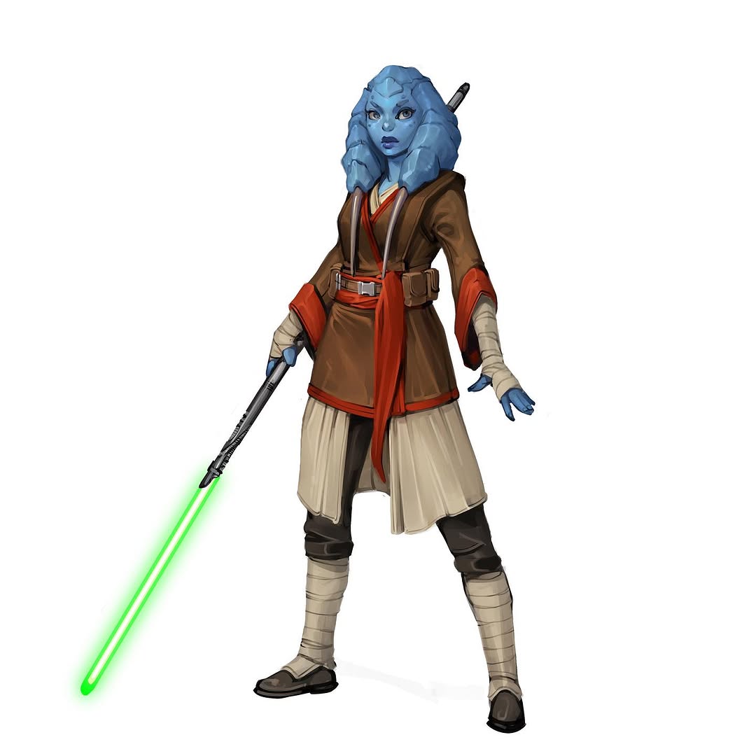 will nunes, star wars, 1girl, alien, blue skin, chagrian, colored skin, energy sword, full body, green lightsaber, holding, holding weapon, iro simos, lightsaber, looking at viewer, saberstaff, simple background, solo, sword, weapon, white background