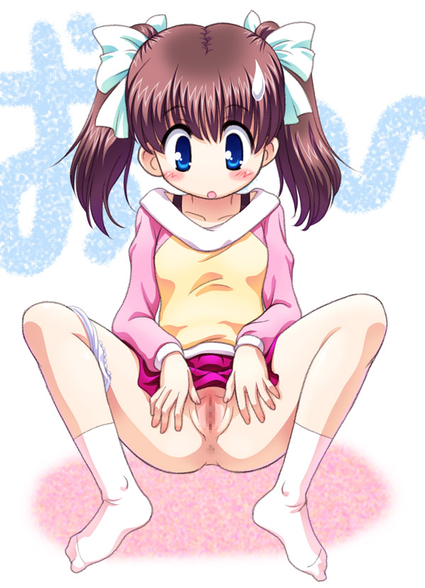 tanuki yousuke, original, 1girl, blush, censored, female focus, loli, mosaic censoring, panties, panties around leg, pussy, socks, solo, spread legs, spread pussy, spreading own pussy, sweatdrop, twintails, underwear