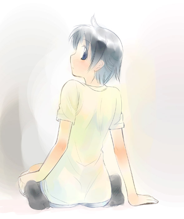 ikeda jun (mizutamari), original, 1girl, blue eyes, female focus, grey hair, kneeling, shirt, short hair, simple background, solo, t-shirt