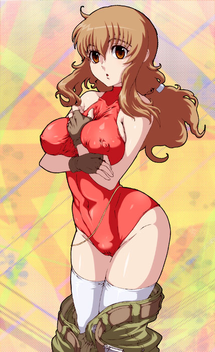 caryo, tabigarasu, christina sierra, gundam, gundam 00, 00s, 1girl, arm between breasts, belt, between breasts, breasts, breasts squeezed together, clothes pull, covered erect nipples, curvy, female focus, large breasts, leotard, long hair, pants, pants pull, red leotard, solo, thighhighs