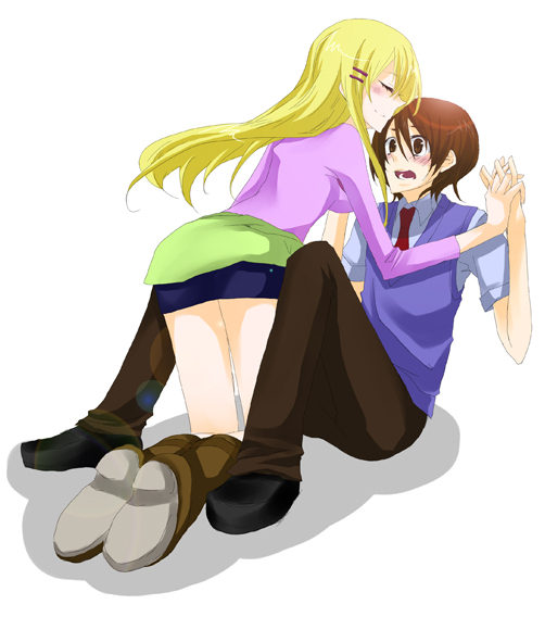 louise halevy, saji crossroad, gundam, gundam 00, 00s, 1boy, 1girl, ass, blue eyes, blush, boots, closed eyes, frown, full body, hair ornament, hairclip, hetero, holding hands, imminent kiss, knee boots, necktie, pants, red necktie, shoes, simple background, surprised, sweatdrop, sweater vest, white background, wide-eyed