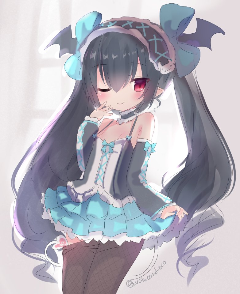 mephistopheles lore, emil chronicle online, black camisole, black choker, black hair, black hairband, black sleeves, black wings, blue skirt, bow, camisole, choker, detached sleeves, fishnet thighhighs, fishnets, frilled camisole, frilled choker, frilled skirt, frilled sleeves, frills, green bow, hair bow, hair wings, hairband, hand on own cheek, hand on own face, heart, heart tail, long hair, looking at viewer, official alternate costume, one eye closed, pointy ears, red eyes, skirt, smile, tail, thighhighs, twintails, twitter username, two-tone camisole, undressing, valucard eco, white camisole, wings