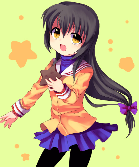 subaru (yachika), ibuki fuuko, clannad, 00s, 1girl, female focus, long hair, low-tied long hair, pantyhose, school uniform, serafuku, solo, starfish, yellow background