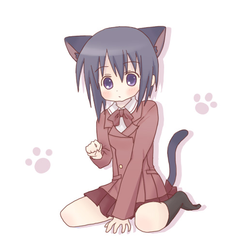 sakuramori sumomo, kawazoe tamaki, bamboo blade, lowres, 00s, animal ears, between thighs, black hair, blush, cat ears, cat tail, kneehighs, paw pose, paw print, purple eyes, school uniform, serafuku, sitting, socks, solo, tail, thighs, wariza