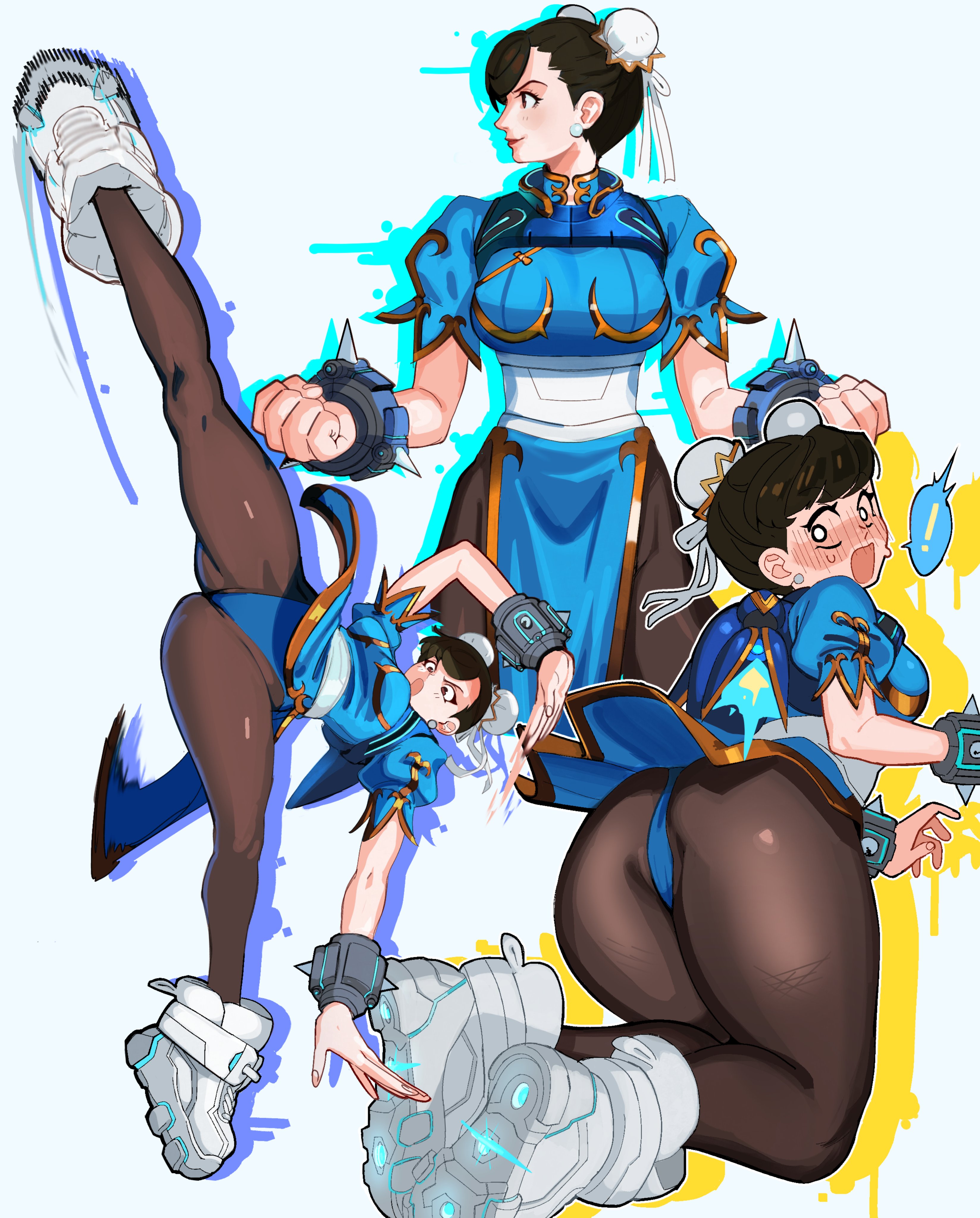 void dot exe, chun-li, juno (overwatch), capcom, overwatch, street fighter, absurdres, highres, !, 1girl, black hair, blue dress, blue leotard, blush, brown eyes, brown pantyhose, bun cover, china dress, chinese clothes, chun-li (cosplay), clenched hand, cosplay, double bun, dress, earrings, embarrassed, full-face blush, full body, hair bun, high collar, high kick, jewelry, kicking, leotard, leotard under clothes, looking to the side, mandarin collar, multiple views, open mouth, oversized shoes, panties, pantyhose, pantyshot, pearl earrings, red lips, shoes, simple background, smile, sneakers, solo focus, surprised, underwear, upskirt, white background, white shoes