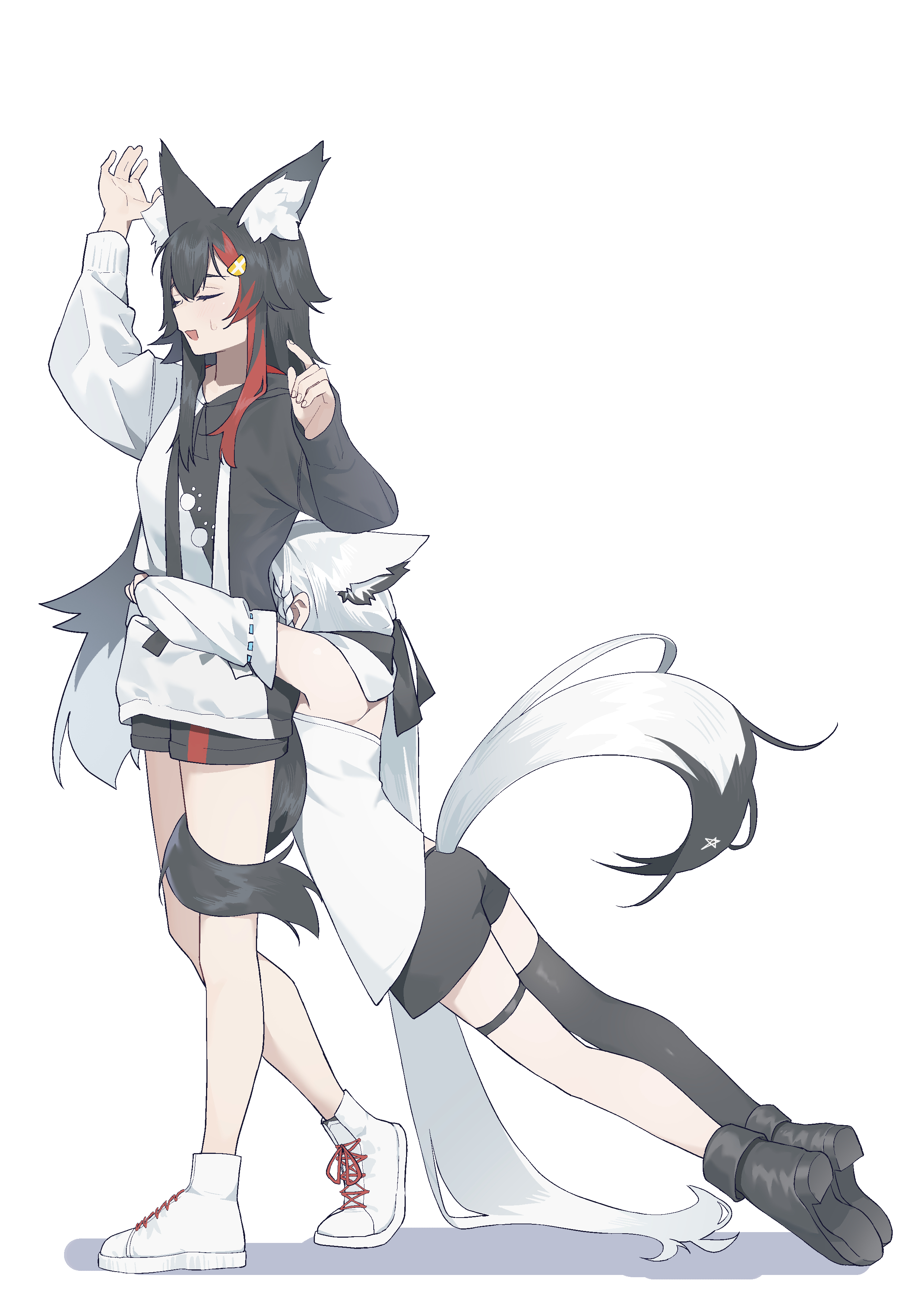 ookami mio, ookami mio (1st costume), shirakami fubuki, shirakami fubuki (1st costume), hololive, absurdres, commentary, highres, 2girls, animal ear fluff, animal ears, arm up, armpits, black boots, black hair, black shorts, black thighhighs, boots, braid, closed eyes, clothing cutout, detached sleeves, dragging, extra ears, fox ears, fox girl, fox tail, from side, hair ornament, hair ribbon, hairclip, hood, hood down, hoodie, hug, index finger raised, long hair, mean 0603, multicolored hair, multiple girls, open mouth, ponytail, red hair, ribbon, shirt, shoes, shorts, sidelocks, simple background, single thighhigh, streaked hair, sweat, tail, tail around own leg, tail through clothes, thigh strap, thighhighs, walking, white background, white hair, white shirt, white shoes, wolf ears, wolf girl, wolf tail