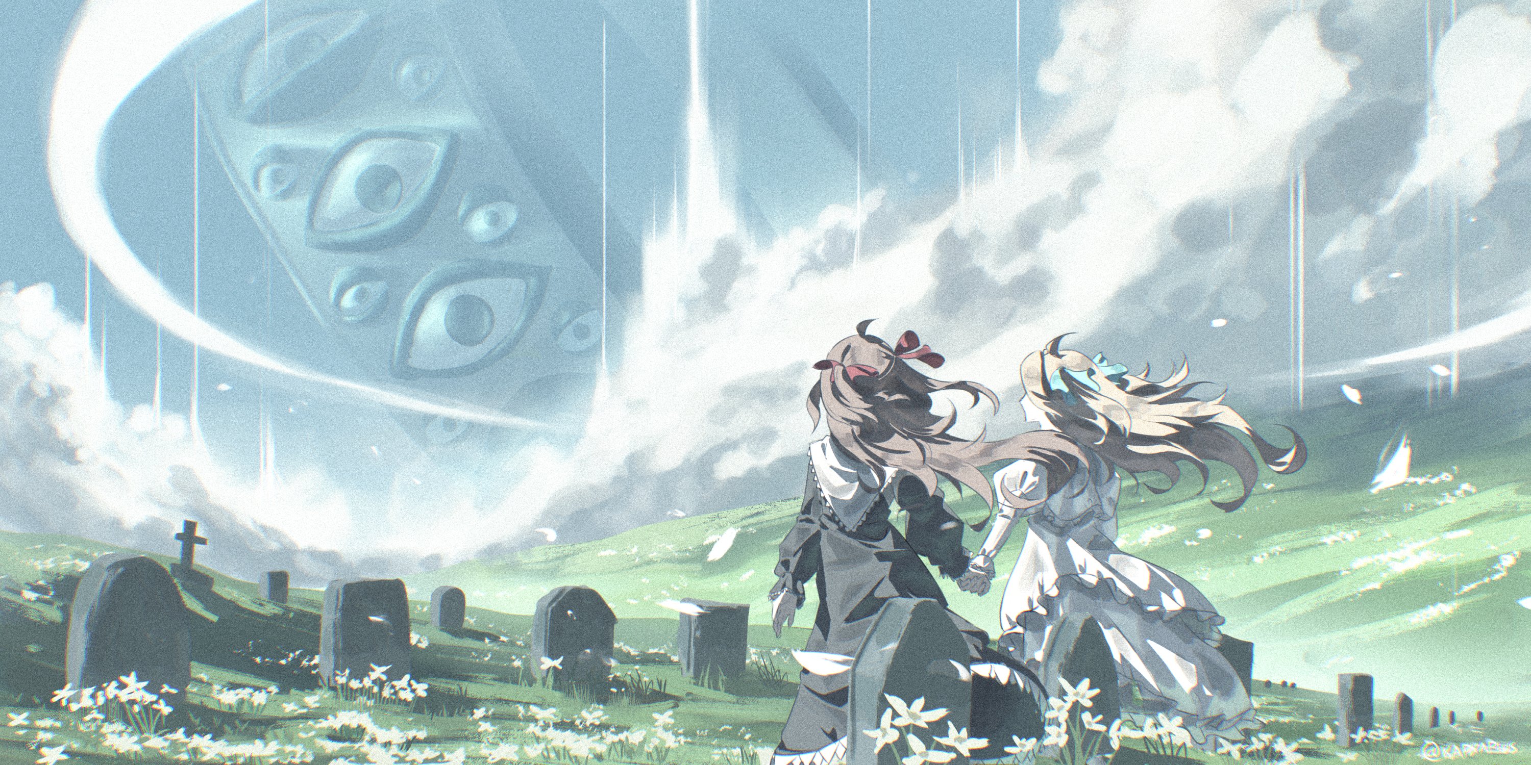 kapxapius, neuro-sama, highres, 2girls, ahoge, biblically accurate angel, black dress, blue ribbon, brown hair, cloud, dress, from behind, graveyard, holding hands, long dress, long hair, long sleeves, multiple girls, outdoors, red ribbon, ribbon, siblings, sisters, tombstone, twins, two side up, vedal ai, white dress, wide shot
