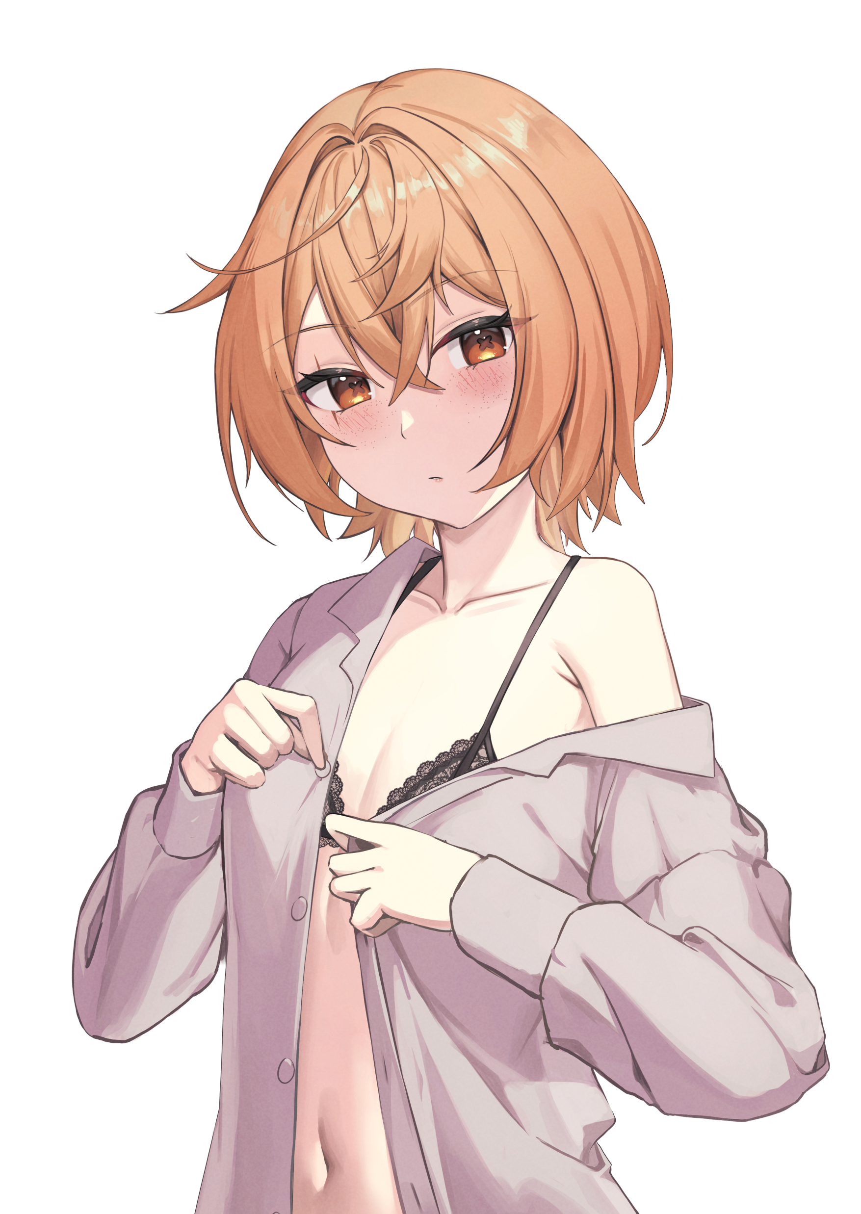 rooby n, clio aite, phase connect, absurdres, commission, highres, 1girl, black bra, blush, bra, brown eyes, brown hair, buttons, closed mouth, collarbone, collared shirt, flat chest, navel, open clothes, open shirt, scar, scar across eye, scar on face, shirt, short hair, solo, underwear, virtual youtuber, white background, white shirt