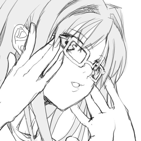aida okiteru, bad id, bad pixiv id, jpeg artifacts, 1girl, adjusting eyewear, female focus, glasses, greyscale, lips, long hair, monochrome, open mouth, portrait, sketch, solo
