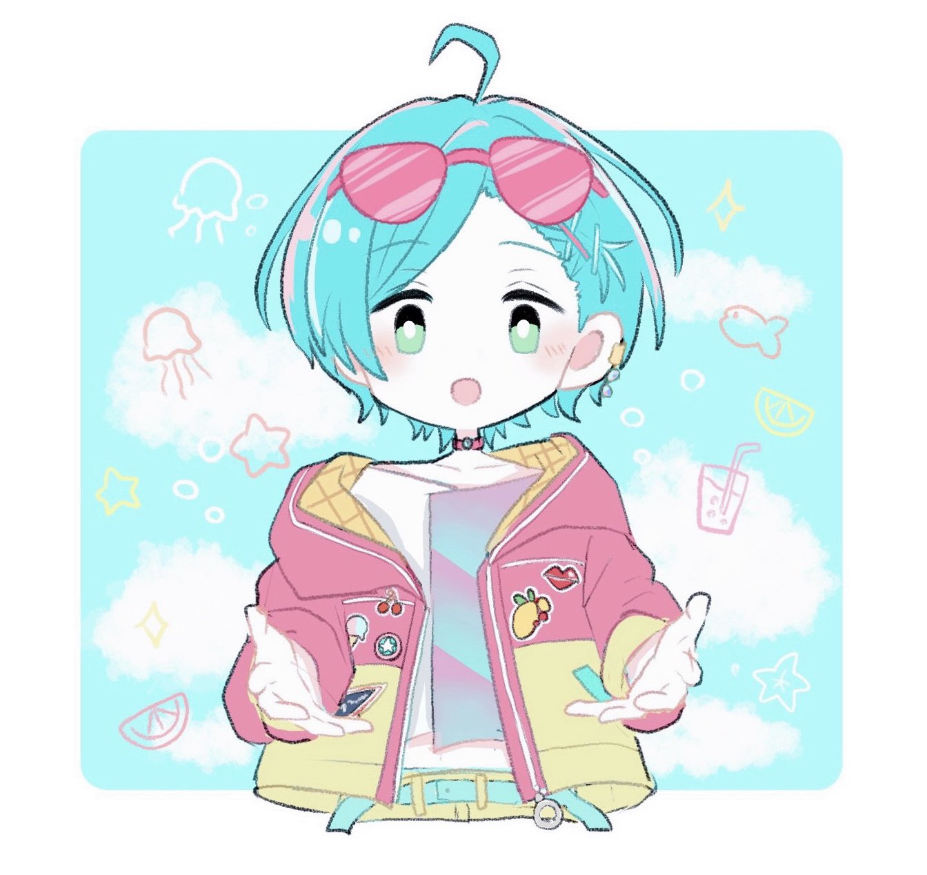 manikamo19, shinkai kanata, ensemble stars!, bad id, bad twitter id, highres, 1boy, :o, ahoge, belt, blue hair, border, bright pupils, cherry, choker, cup, drinking straw, eyewear on head, fish, food, fruit, green eyes, hair ornament, hairpin, ice cream, jacket, jellyfish, lemon, looking at viewer, male focus, midriff, open clothes, open jacket, open mouth, outside border, outstretched hand, short hair, solo, star (symbol), summer snow (ensemble stars!), upper body, white border, white pupils