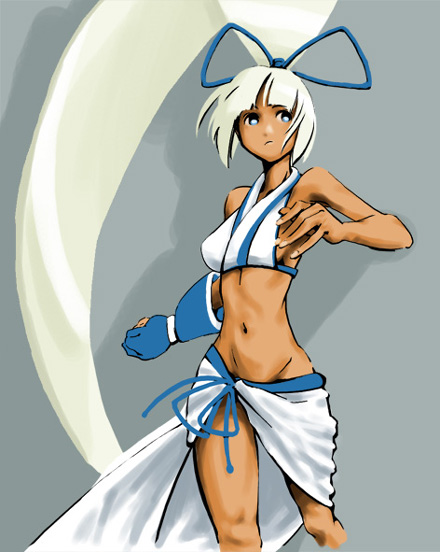 mikami komata, mikami konu, majikina mina, samurai spirits, snk, 1girl, dark-skinned female, dark skin, female focus, midriff, navel, solo, white hair