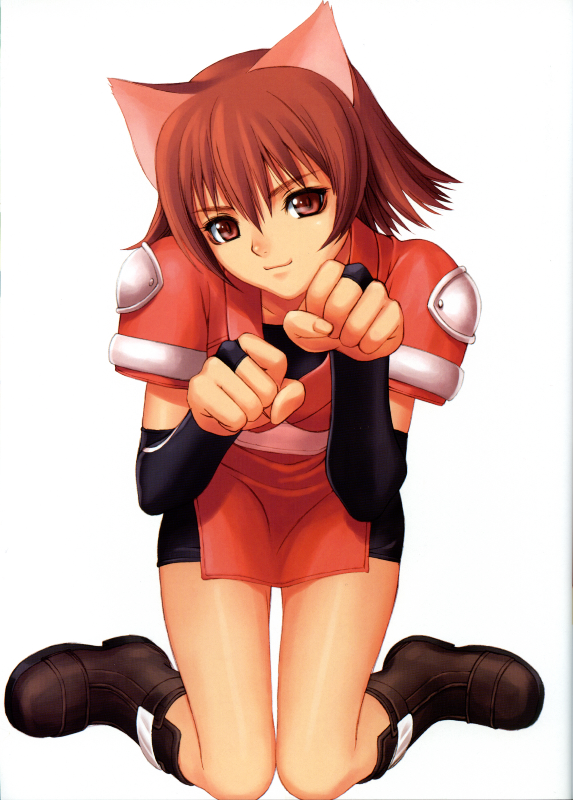 tony taka, mao (shining tears), sega, shining (series), shining tears, absurdres, highres, scan, 1girl, animal ears, black boots, boots, bridal gauntlets, cat ears, female focus, full body, hair between eyes, head tilt, knee boots, knees together feet apart, miniskirt, paw pose, pelvic curtain, pencil skirt, pink sash, red eyes, red hair, sash, simple background, skirt, solo, white background