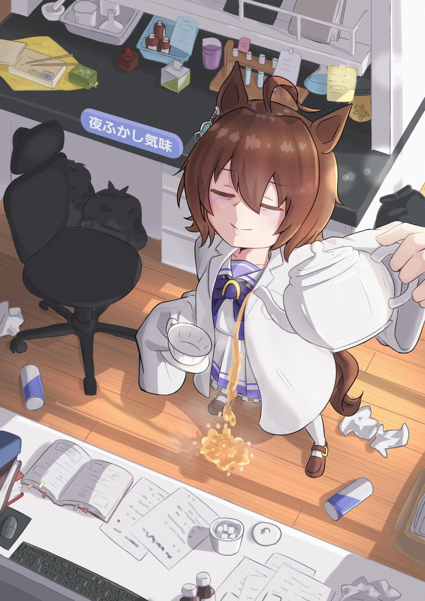 agnes tachyon (umamusume), umamusume, highres, 1girl, animal ears, bags under eyes, blush, brown hair, brown shoes, closed mouth, cup, decantering, hair between eyes, holding, holding plate, holding teapot, horse ears, horse girl, horse tail, koshiba taiyaki, lab coat, pantyhose, plate, purple sailor collar, purple shirt, sailor collar, shirt, shoes, short hair, sidelocks, skirt, smile, solo, tail, tea, teacup, teapot, white pantyhose, white skirt