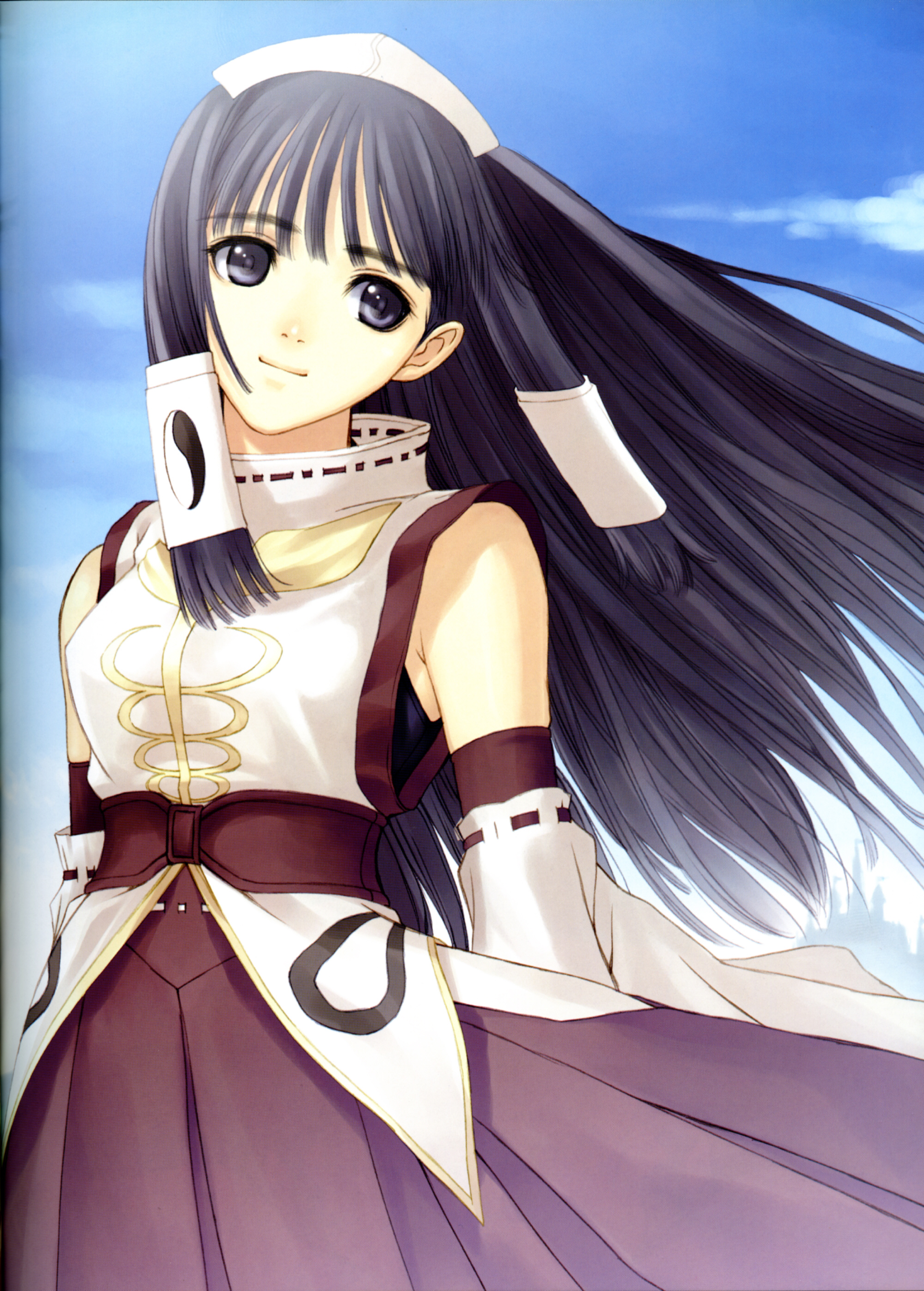 tony taka, ryuna, ryuuna (shining tears), sega, shining (series), shining tears, absurdres, highres, scan, 1girl, arms at sides, blouse, blurry, cowboy shot, depth of field, female focus, from side, hakama, hakama skirt, halterneck, hat, head tilt, japanese clothes, outdoors, ribbon-trimmed shirt, ribbon-trimmed skirt, ribbon trim, shirt, skirt, solo, standing, white hat, white shirt, wind