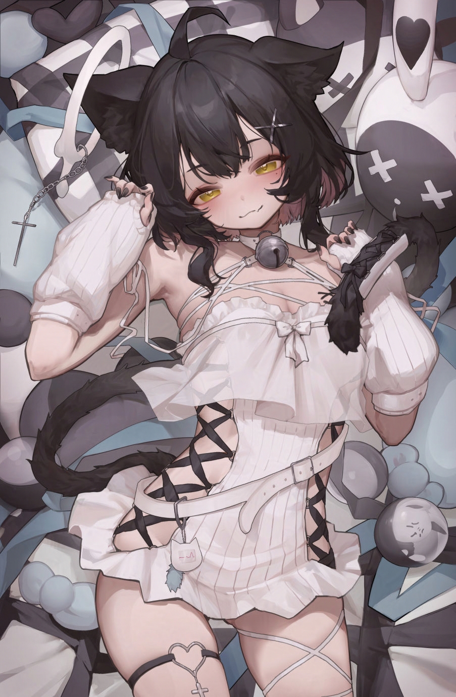 metatarou, original, highres, 1girl, ahoge, animal ears, bell, black hair, cat ears, cat girl, cat tail, detached sleeves, dress, fang, frilled dress, frills, hair ornament, jingle bell, looking at viewer, see-through clothes, skin fang, smile, solo, tail, thigh strap, white dress, yellow eyes