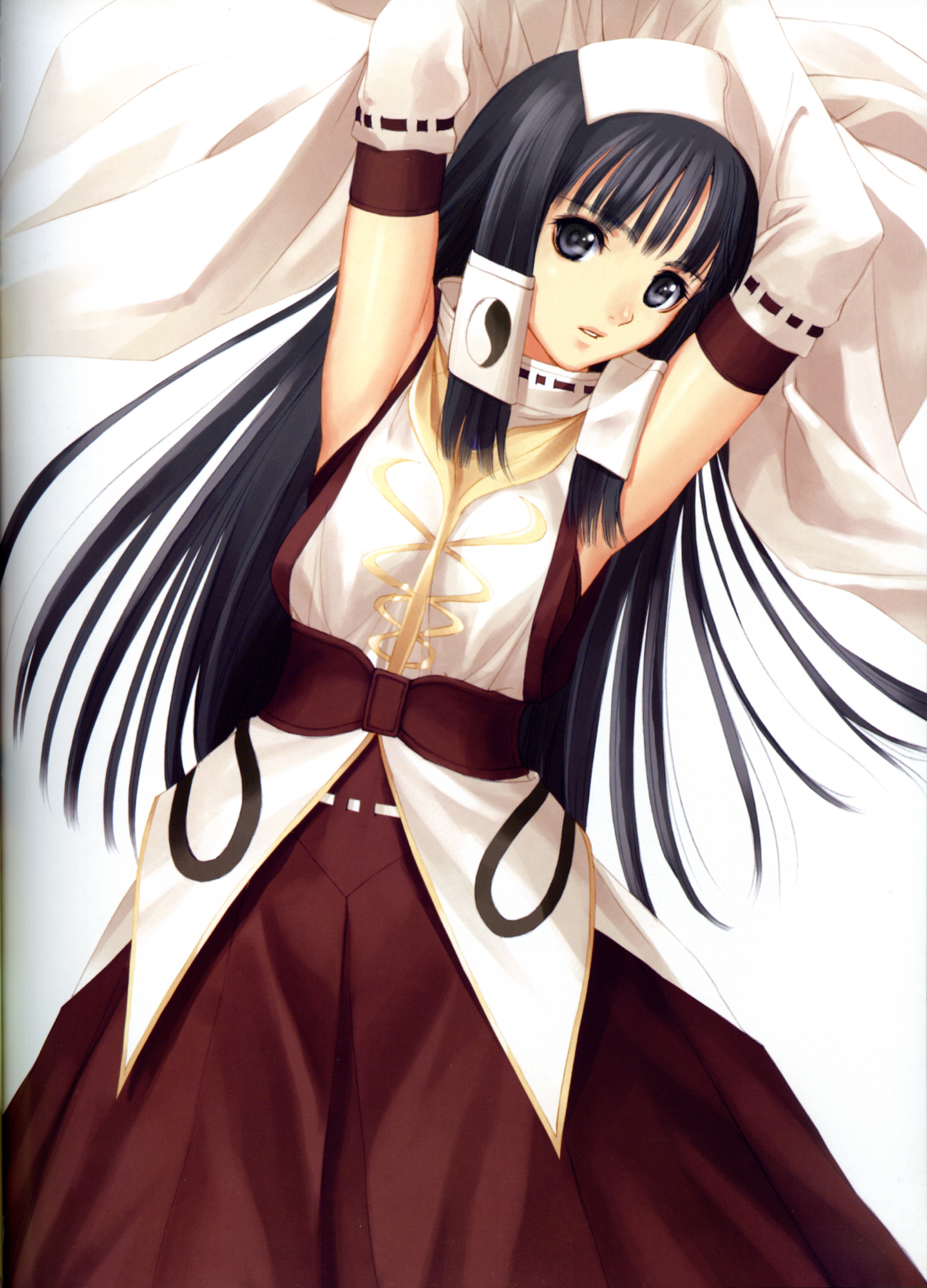 tony taka, ryuna, ryuuna (shining tears), sega, shining (series), shining tears, absurdres, highres, scan, 1girl, adapted uniform, armpits, blouse, cowboy shot, female focus, hakama, hakama skirt, halterneck, hat, japanese clothes, long hair, nontraditional miko, ribbon-trimmed shirt, ribbon-trimmed skirt, ribbon trim, shirt, simple background, skirt, solo, standing, very long hair, white background, white hat, white shirt