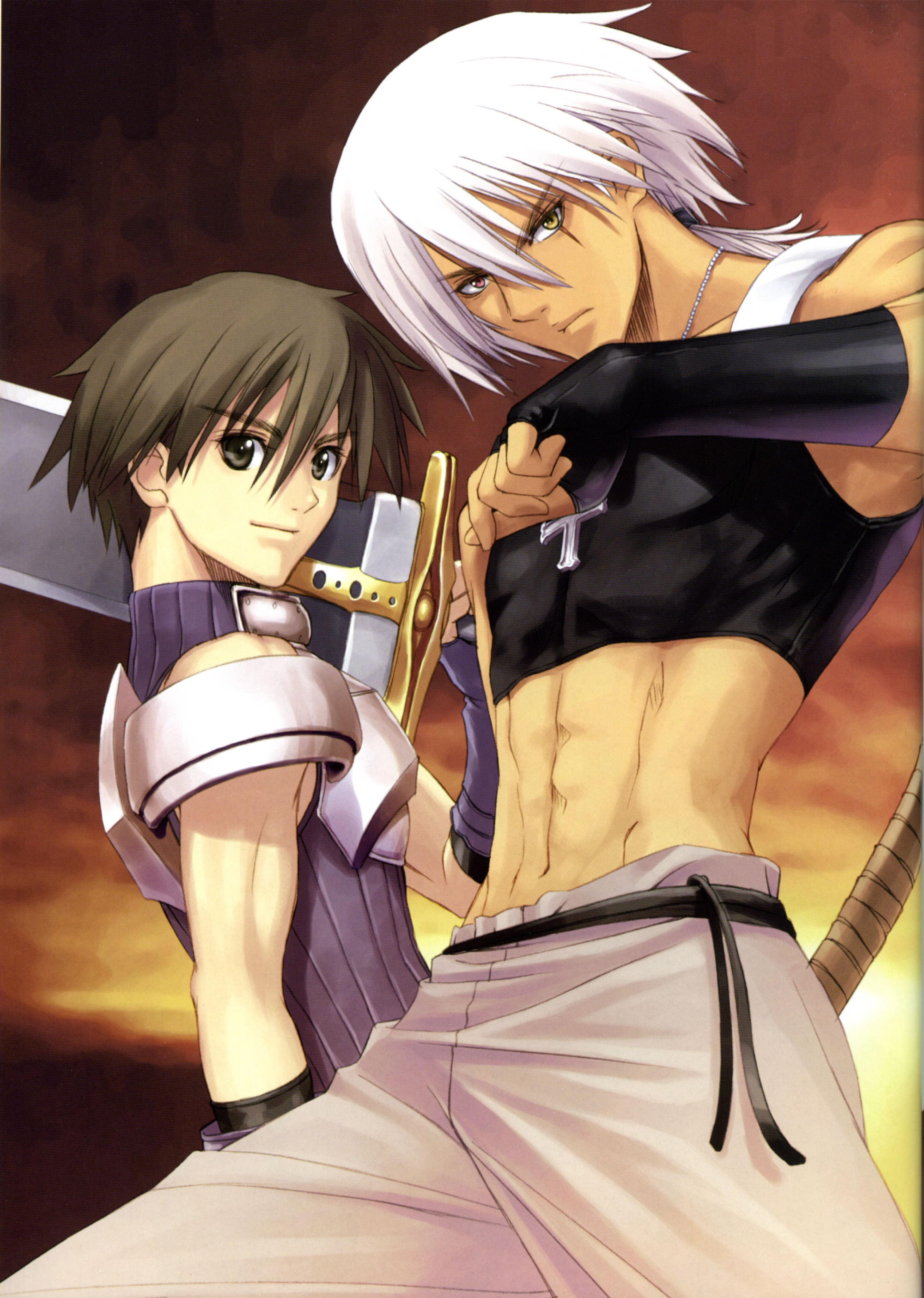 tony taka, xion, keiner, sega, shining (series), shining tears, absurdres, highres, scan, 2boys, abs, backlighting, black eyes, black hair, blouse, blue shirt, cowboy shot, crop top, cross, fingerless gloves, from side, gloves, gorget, hair between eyes, holding, holding sword, holding weapon, jewelry, legs apart, low ponytail, male focus, multiple boys, necklace, outdoors, pendant, ponytail, shirt, sleeveless, sleeveless shirt, smile, standing, sunset, sword, turtleneck, v-shaped eyebrows, weapon, white hair