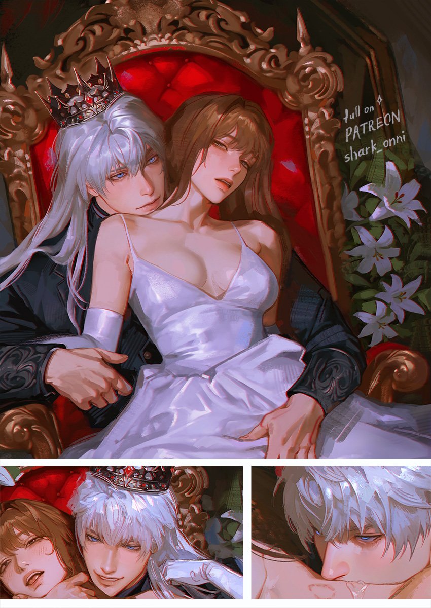 shark onni, protagonist (love and deepspace), xavier (love and deepspace), love and deepspace, highres, paid reward available, 1boy, 1girl, aroused, bite mark, bite mark on neck, black jacket, blue eyes, blush, breasts, breasts apart, brown eyes, brown hair, closed mouth, couple, crown, dress, flower, gold crown, hand on another's neck, hetero, implied sex, jacket, long hair, parted lips, patreon username, pink lips, saliva on neck, sitting, sitting on throne, small breasts, smile, spaghetti strap, straight hair, teeth, throne, tongue, white dress, white flower, white hair