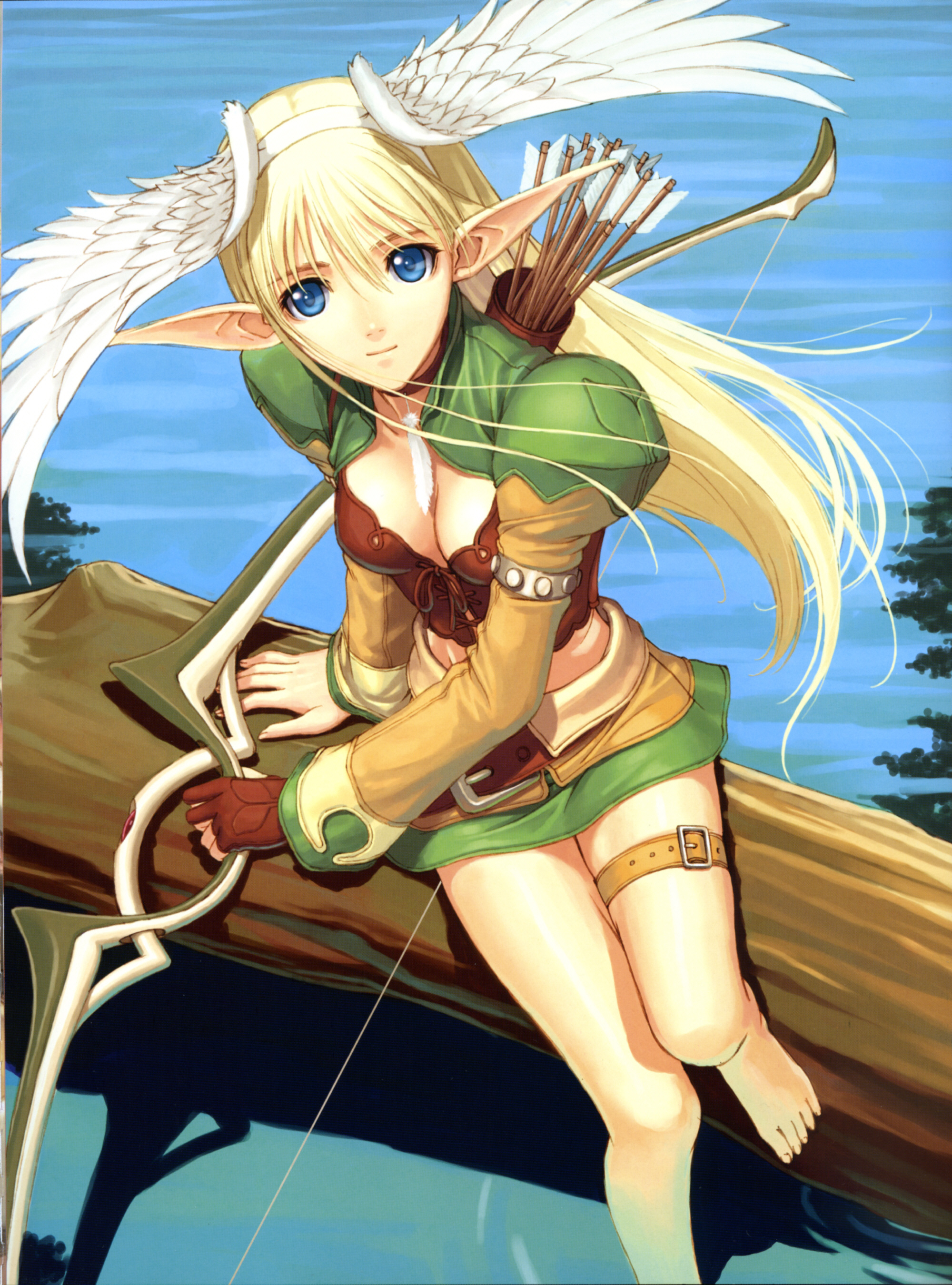 tony taka, elwing, sega, shining (series), shining tears, absurdres, highres, scan, 1girl, armlet, arrow (projectile), barefoot, belt, blonde hair, blue eyes, bow (weapon), breasts, choker, cleavage, day, elf, feathers, feet, female focus, from above, full body, gloves, hair between eyes, head wings, holding, holding bow (weapon), holding weapon, in tree, jewelry, leaning to the side, legs together, long hair, midriff, miniskirt, narrow waist, outdoors, pencil skirt, pointy ears, quiver, single glove, sitting, sitting in tree, skirt, solo, thigh strap, toes, tree, water, weapon, white feathers, wings