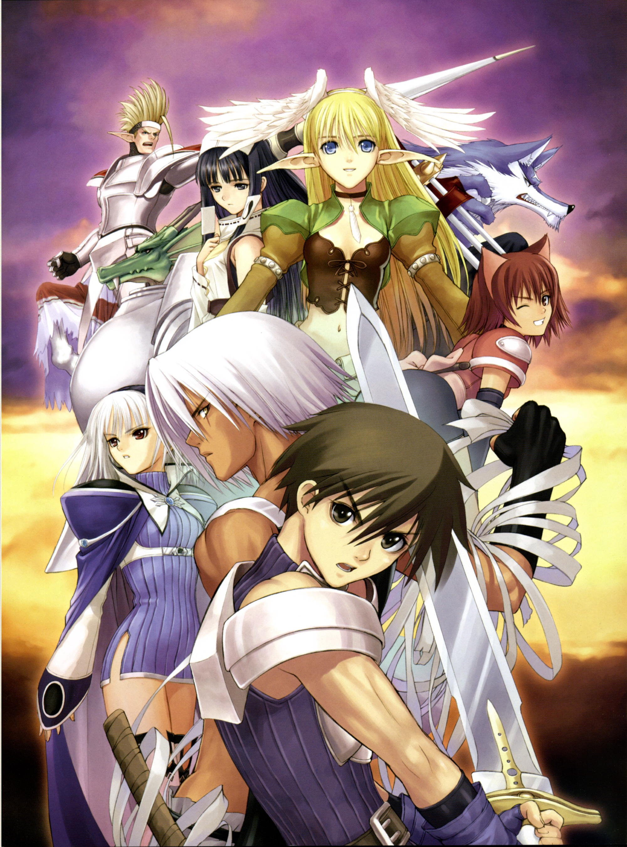 tony taka, xion, blanc neige, cheiron, elwing, keiner, mao (shining tears), razalus, ryuna, ryuuna (shining tears), volg, sega, shining (series), shining tears, absurdres, highres, scan, 3boys, 4girls, animal ears, armlet, armor, bandages, black eyes, black hair, blonde hair, blouse, blue eyes, blue shirt, blue skirt, bracelet, breasts, breasts apart, brother and sister, cape, cat ears, centaur, choker, cleavage, colored skin, dark-skinned male, dark skin, dress, elf, everyone, fang, fang out, faulds, feathers, green skin, hair between eyes, hairband, half-closed eyes, hat, head wings, holding, holding sword, holding weapon, jewelry, long hair, midriff, multiple boys, multiple girls, one eye closed, outdoors, pauldrons, pink sash, pointy ears, popped collar, red eyes, red hair, sash, shirt, short dress, shoulder armor, siblings, skirt, spiked bracelet, spiked hair, spikes, standing, sword, taur, thighhighs, thighs, v-shaped eyebrows, weapon, white hair, white hat, wings, wink, wolf