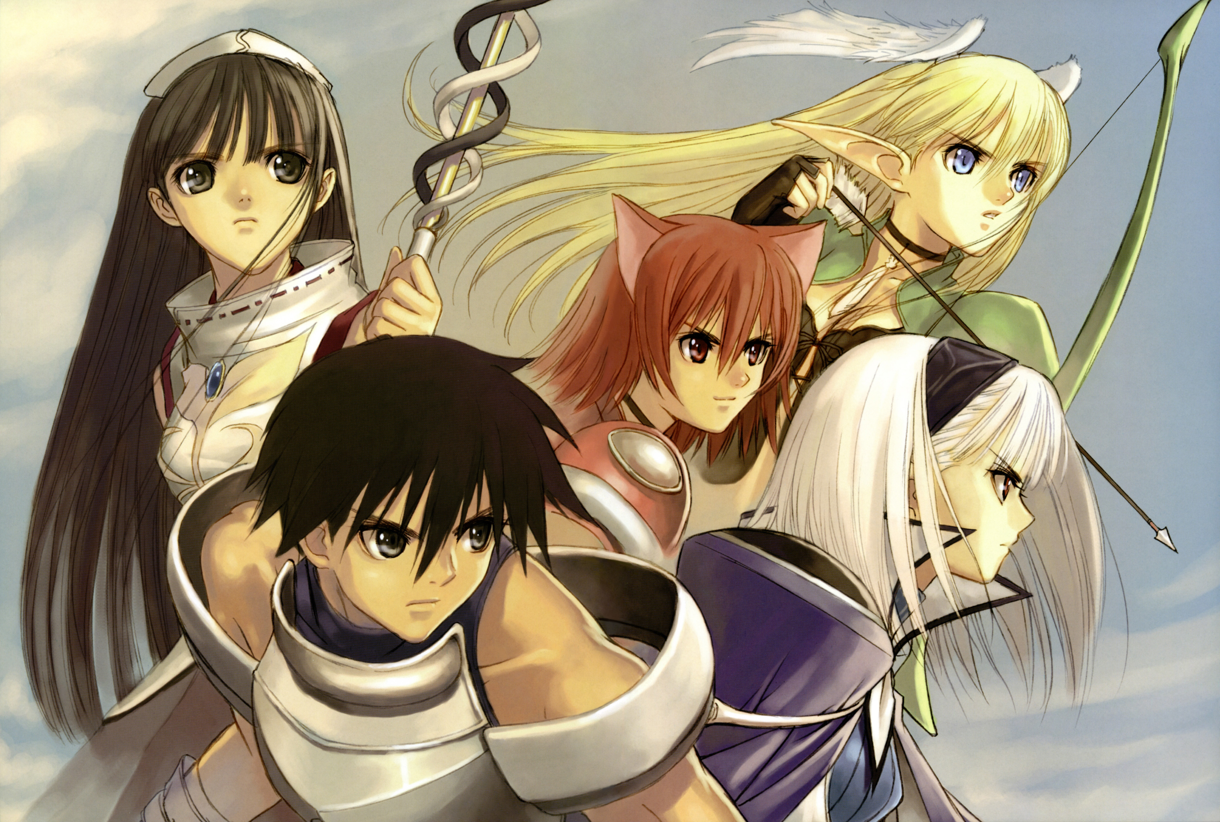 tony taka, xion, blanc neige, elwing, mao (shining tears), ryuna, ryuuna (shining tears), sega, shining (series), shining tears, absurdres, highres, scan, 1boy, 4girls, animal ears, blouse, blue gemstone, blue shirt, bow (weapon), cat ears, cowboy shot, feathers, from side, gem, gorget, hair between eyes, hakama, hakama skirt, hat, head wings, high collar, holding, holding bow (weapon), holding weapon, japanese clothes, long hair, multiple girls, outdoors, pointy ears, popped collar, shirt, skirt, sleeveless, sleeveless shirt, v-shaped eyebrows, very long hair, weapon, white feathers, white hat, white shirt, wings