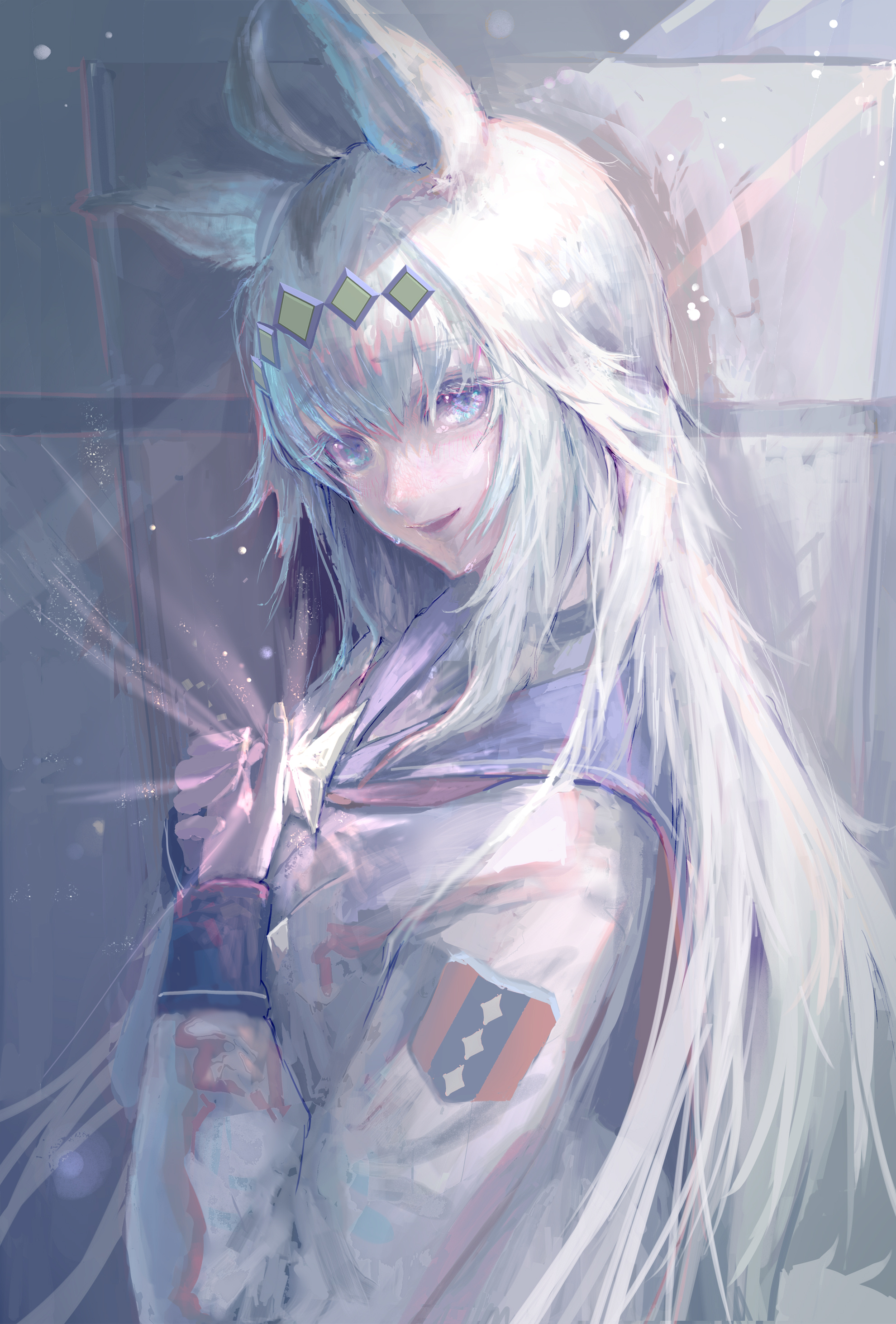 jinchigou, oguri cap (umamusume), umamusume, absurdres, highres, 1girl, animal ears, blue eyes, blue sailor collar, from side, hair between eyes, horse ears, horse girl, long hair, looking at viewer, neckerchief, open mouth, red neckerchief, sailor collar, shirt, sidelocks, solo, upper body, white hair, white shirt