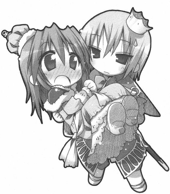 iwasaki minami, kobayakawa yutaka, lucky star, uniform, 00s, 2girls, blush, capelet, carrying, crown, dress, full-face blush, full body, fur trim, greyscale, looking at viewer, monochrome, multiple girls, princess carry, simple background, standing, white background