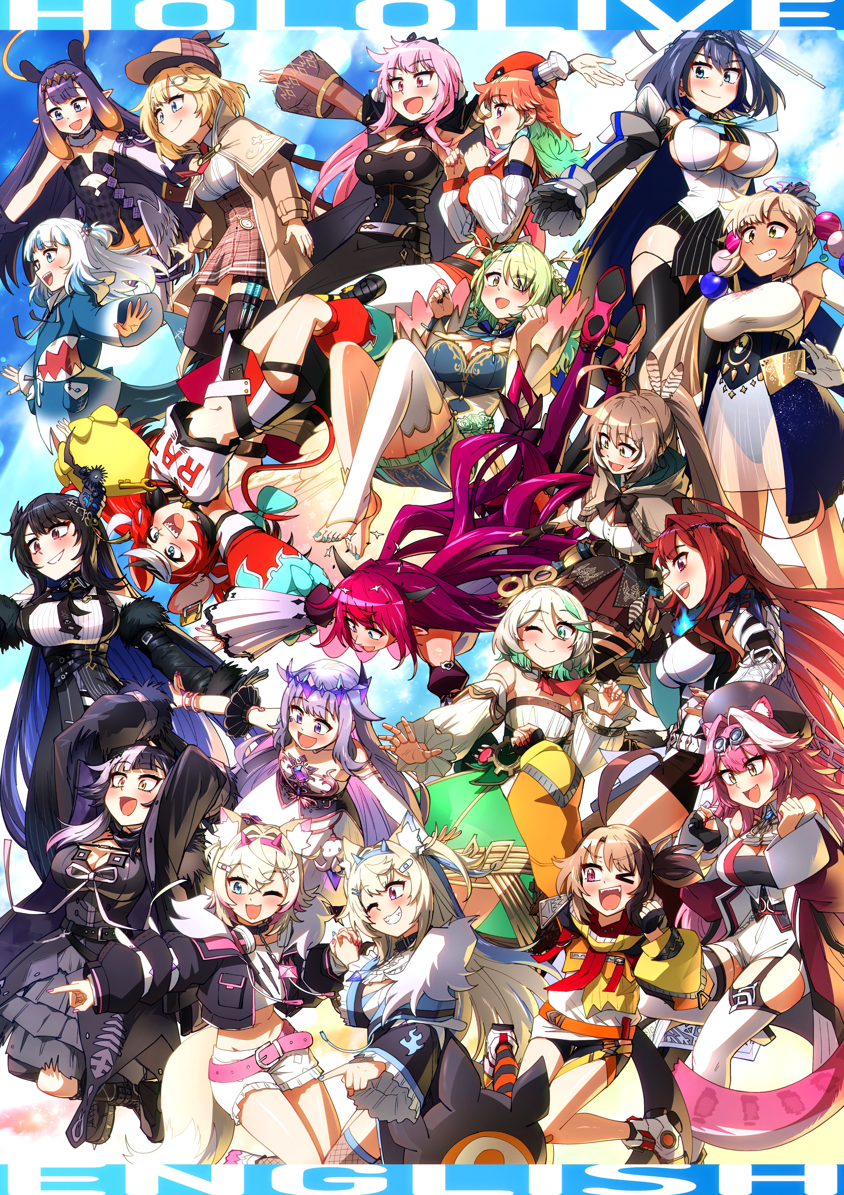 ddolbang, cecilia immergreen, cecilia immergreen (1st costume), ceres fauna, ceres fauna (1st costume), elizabeth rose bloodflame, elizabeth rose bloodflame (1st costume), fuwawa abyssgard, fuwawa abyssgard (1st costume), gawr gura, gawr gura (1st costume), gigi murin, gigi murin (1st costume), hakos baelz, hakos baelz (1st costume), irys (hololive), irys (irys 2.0) (hololive), koseki bijou, koseki bijou (1st costume), mococo abyssgard, mococo abyssgard (1st costume), mori calliope, mori calliope (1st costume), nanashi mumei, nanashi mumei (1st costume), nerissa ravencroft, nerissa ravencroft (1st costume), ninomae ina'nis, ninomae ina'nis (1st costume), ouro kronii, ouro kronii (1st costume), raora panthera, raora panthera (1st costume), shiori novella, shiori novella (1st costume), takanashi kiara, takanashi kiara (1st costume), tsukumo sana, tsukumo sana (1st costume), watson amelia, watson amelia (1st costume), holoadvent, holocouncil, holojustice, hololive, hololive english, holomyth, holopromise, absurdres, highres, ahoge, animal costume, animal ear fluff, animal ear hood, animal ears, animal hood, antler ribbon, antlers, apple, artist glove, ascot, asymmetrical horns, asymmetrical sleeves, asymmetrical wings, bandaid, bandaid hair ornament, bare shoulders, belt, belt collar, beret, berry, black arm warmers, black choker, black collar, black corset, black dress, black gloves, black hair, black nails, black nightgown, black shorts, black thighlet, black tiara, black tube top, blonde hair, blue belt, blue eyes, blue fire, blue hair, blue hairband, blue hoodie, blunt bangs, blush, bob cut, bow, bow choker, bow earrings, braid, braided bangs, branch, breasts, bridal gauntlets, brown capelet, brown cloak, brown corset, brown eyes, brown hair, brown skirt, cape, capelet, chain, chain headband, cheese, chef hat, chest belt, chest jewel, chicken (food), chicken leg, choker, circlet, cleavage, cloak, clothing cutout, coat, collar, colored inner hair, corset, cosplay, cropped shirt, crystal horns, crystal wings, cutout above navel, dark-skinned female, dark skin, demon horns, detached collar, detached sleeves, detached wings, detective, diamond hairband, dice hair ornament, dog ears, dog girl, dog tail, doll joints, double halo, dress, dress flower, earrings, elbow gloves, eyeshadow, face jewel, fake animal ears, feather-trimmed jacket, feather earrings, feather hair ornament, feathers, fins, fire, fire on chest, fish tail, fishnet socks, fishnets, flower, food, frilled shorts, frills, fruit, fur-trimmed choker, fur-trimmed coat, fur-trimmed collar, fur-trimmed jacket, fur choker, fur trim, garter straps, gem, gem hair ornament, gloves, goggles, goggles on head, golden apple, gradient hair, green choker, green corset, green eyes, green flower, green hair, green nails, green rose, green streaks, grey hair, hair branch, hair flower, hair intakes, hair ornament, hair through hood, hairband, hairclip, halo, halo behind head, hand jewel, hat, headband, headphones, headphones around neck, heart, heart-shaped gem, heart o-ring, heart ring choker, heterochromia, hieroglyphics, holding, holding magnifying glass, holding scythe, hood, hooded shrug, hoodie, horn flower, horn hairband, horns, huge ahoge, jacket, jewel under eye, jewelry, joints, key, key necklace, kfp, knee strap, kneehighs, lace, lace-trimmed choker, lace choker, lace trim, large breasts, limiter (tsukumo sana), long hair, long sleeves, looking at viewer, low wings, magnifying glass, makeup, material growth, mechanical halo, medium hair, metal wings, mini chef hat, mismatched sleeves, mismatched wings, moai, moai (koseki bijou), mococo abyssgard (cosplay), mole, mole under eye, mouse ears, mouse girl, mouse on head, mouse tail, mousetrap, multicolored gemstone, multicolored hair, multicolored skirt, multiple girls, multiple hats, multiple horns, mustache print, necklace, necktie, nightgown, no headgear, o-ring, o-ring choker, open mouth, orange hair, orange hat, orange hood, orange hoodie, orange shrug, orange skirt, orange thighhighs, panther ears, panther girl, panther tail, partially fingerless gloves, pink belt, pink eyes, pink eyeshadow, pink hair, pink hairband, pink headband, pinstripe pattern, pinstripe skirt, plaid clothes, plaid skirt, planet, planet hair ornament, pocket watch, pointy ears, ponytail, purple eyes, purple gemstone, purple hair, purple thighhighs, quilted jacket, red ascot, red eyes, red hair, red necktie, ribbed shirt, ribbon earrings, romper, rose, runes, scythe, shark costume, shark girl, shark hair ornament, shark hood, shark print, shark tail, sharp teeth, shirt, short hair, shorts, shoulder cutout, shoulder spikes, shrug (clothing), siblings, sidelocks, single arm guard, single bridal gauntlet, single detached sleeve, single garter strap, single kneehigh, single sock, sisters, skirt, skull choker, smile, socks, solo, spiked cape, spiked collar, spikes, split-color hair, star halo, strapless, strapless dress, strapless romper, streaked hair, striped arm warmers, striped clothes, striped gloves, striped sweater, sweater, sweater under shirt, syringe holster, tail, tail bow, tail ornament, tassel, tassel hair ornament, teeth, tentacle hair, tentacles, thighhighs, thorn (elizabeth rose bloodflame), tiara, torn clothes, torn sweater, tree horns, tube dress, tube top, twins, twintails, two-tone hair, two-tone sweater, two side up, underboob cutout, uneven horns, veil, very long hair, vest, virtual youtuber, watch, white ascot, white bridal gauntlets, white dress, white gloves, white hair, white romper, white shirt, white unitard, white vest, winding key, wings, x hair ornament, yellow eyes