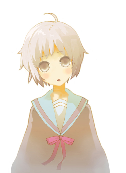 shirohanamame taichou, nagato yuki, suzumiya haruhi no yuuutsu, silver hair, 00s, 1girl, ahoge, blush, bow, cardigan, closed mouth, female focus, grey eyes, long sleeves, looking at viewer, red bow, red ribbon, ribbon, school uniform, serafuku, shirohanamametaichou, short hair, simple background, solo, upper body, white background