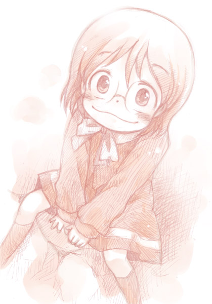 hinata nonoka, nonoka, okonogi yuuko, dennou coil, 00s, 1girl, :3, female focus, glasses, monochrome, pink theme, short hair, sketch, solo