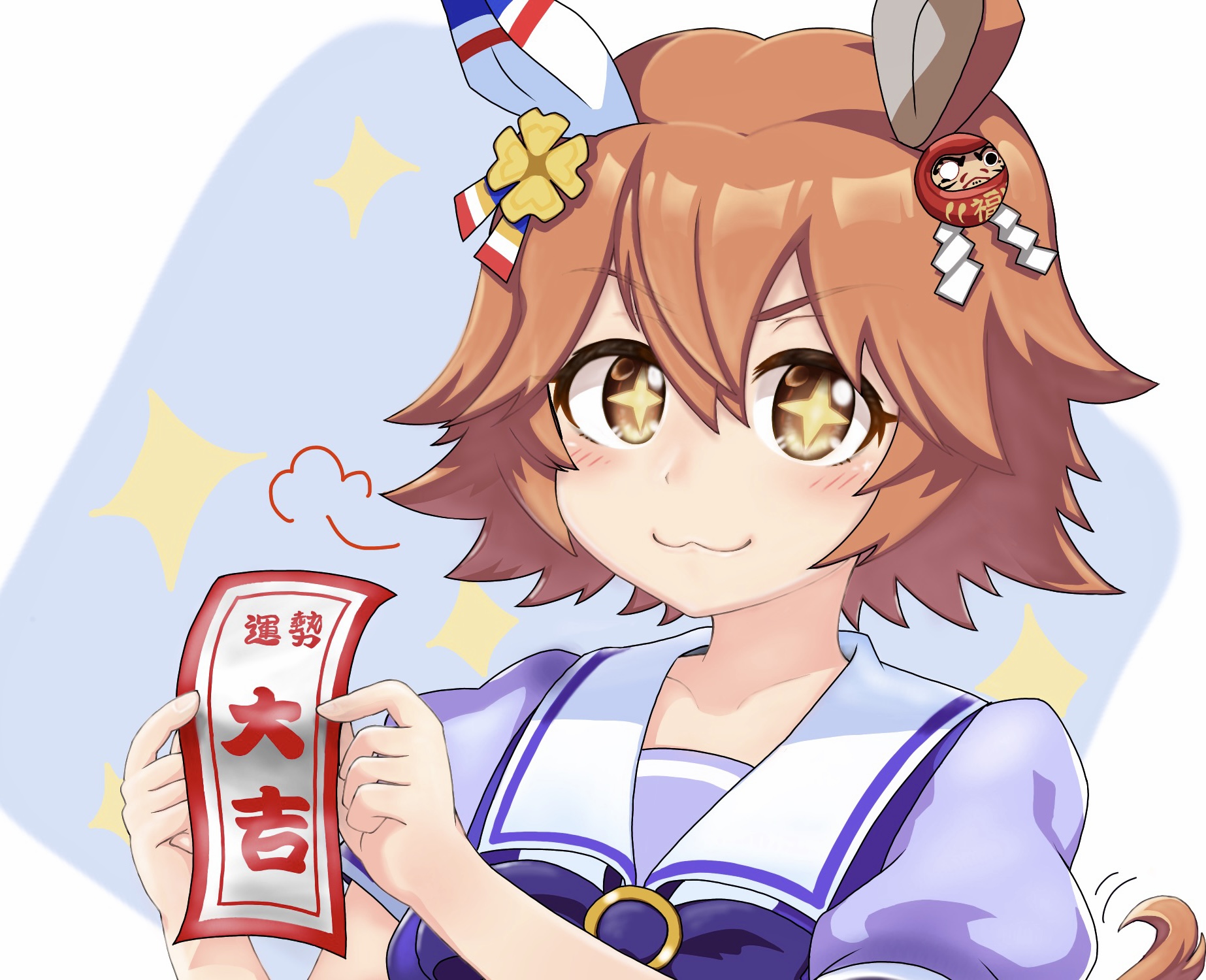 tomimon, matikanefukukitaru (umamusume), umamusume, commentary request, highres, + +, 1girl, :3, animal ears, blue background, blush, bow, brown eyes, brown hair, closed mouth, collarbone, daruma doll, flower, hair flower, hair ornament, hands up, holding, horse ears, horse girl, horse tail, looking at viewer, puffy short sleeves, puffy sleeves, purple bow, purple shirt, school uniform, shide, shirt, short hair, short sleeves, solo, sparkle, tail, talisman, thick eyebrows, tracen school uniform, two-tone background, upper body, v-shaped eyebrows, white background, yellow flower