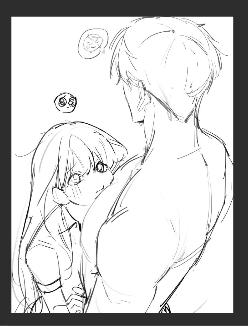 qi xia, caleb (love and deepspace), protagonist (love and deepspace), love and deepspace, 1boy, 1girl, :i, blush, closed mouth, emoji, greyscale, head rest, hetero, large pectorals, monochrome, pectoral pillow, pectorals, pleading eyes, pleading face emoji, sketch, wide-eyed