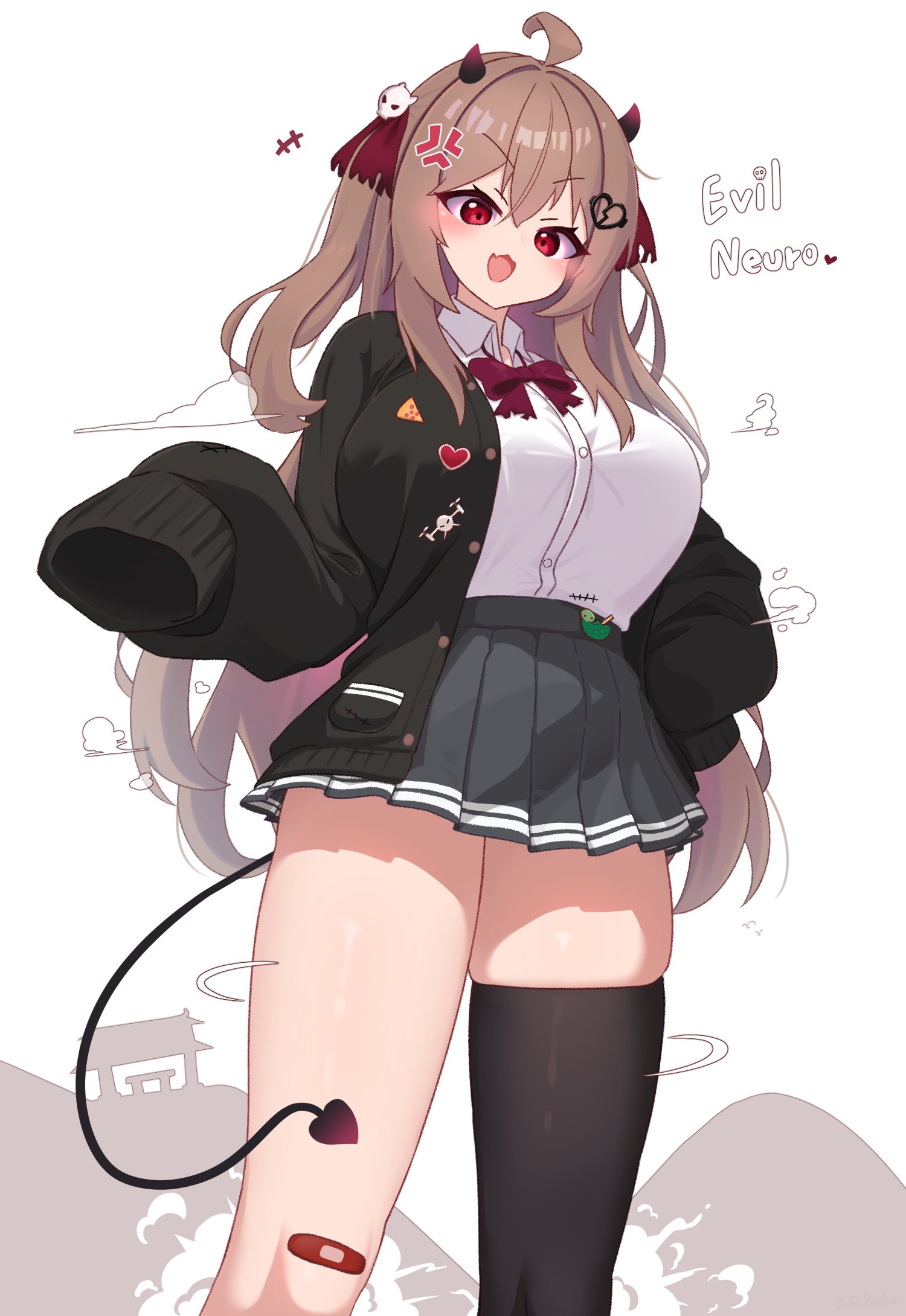 gabai, evil neuro-sama, neuro-sama, commentary, english commentary, highres, 1girl, ahoge, anger vein, bandaid, bandaid on knee, bandaid on leg, black cardigan, black skirt, black thighhighs, blush, bow, bowtie, breasts, broken heart, broken heart hair ornament, brown hair, cardigan, character name, cowboy shot, demon horns, demon tail, dress shirt, fang, giant, giantess, gradient horns, hair between eyes, hair ornament, hair ribbon, heart, heart hair ornament, horns, huge breasts, long hair, looking at viewer, multicolored horns, open mouth, pleated skirt, red bow, red bowtie, red eyes, red ribbon, ribbon, shirt, simple background, single thighhigh, skin fang, skindentation, skirt, skull hair ornament, sleeves past fingers, sleeves past wrists, small horns, smile, solo, tail, thick thighs, thighhighs, thighs, two side up, unbuttoned, vedal ai, virtual youtuber, white background