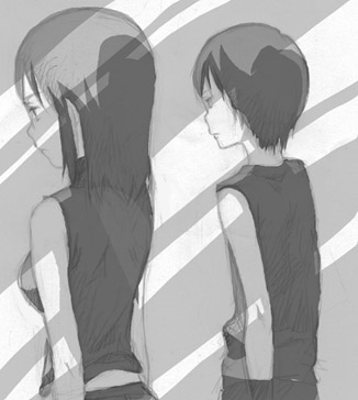 hinata nonoka, nonoka, hakurei reimu, harakawa tamako, nekome sousuke, dennou coil, touhou, lowres, 00s, 1boy, 1girl, bare shoulders, black hair, breasts, greyscale, long hair, monochrome, sketch, sleeveless, sleeveless turtleneck, turtleneck