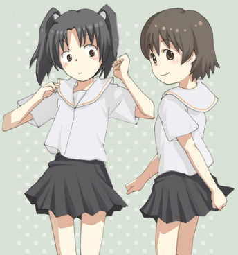 hinata nonoka, nonoka, amasawa yuuko, okonogi yuuko, dennou coil, lowres, 00s, aged down, brown eyes, brown hair, school uniform, serafuku, short hair, twintails