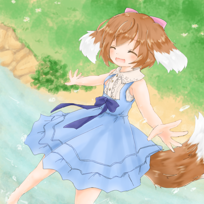 bow alma, emil chronicle online, 1girl, 717ao, ^ ^, alternate costume, animal ears, barefoot, blue dress, blue ribbon, breasts, brown hair, closed eyes, dog ears, dog girl, dog tail, dress, hair ribbon, open mouth, outstretched arms, pink ribbon, ribbon, river, shirt, sleeveless, sleeveless dress, small breasts, smile, soaking feet, solo, tail, white shirt