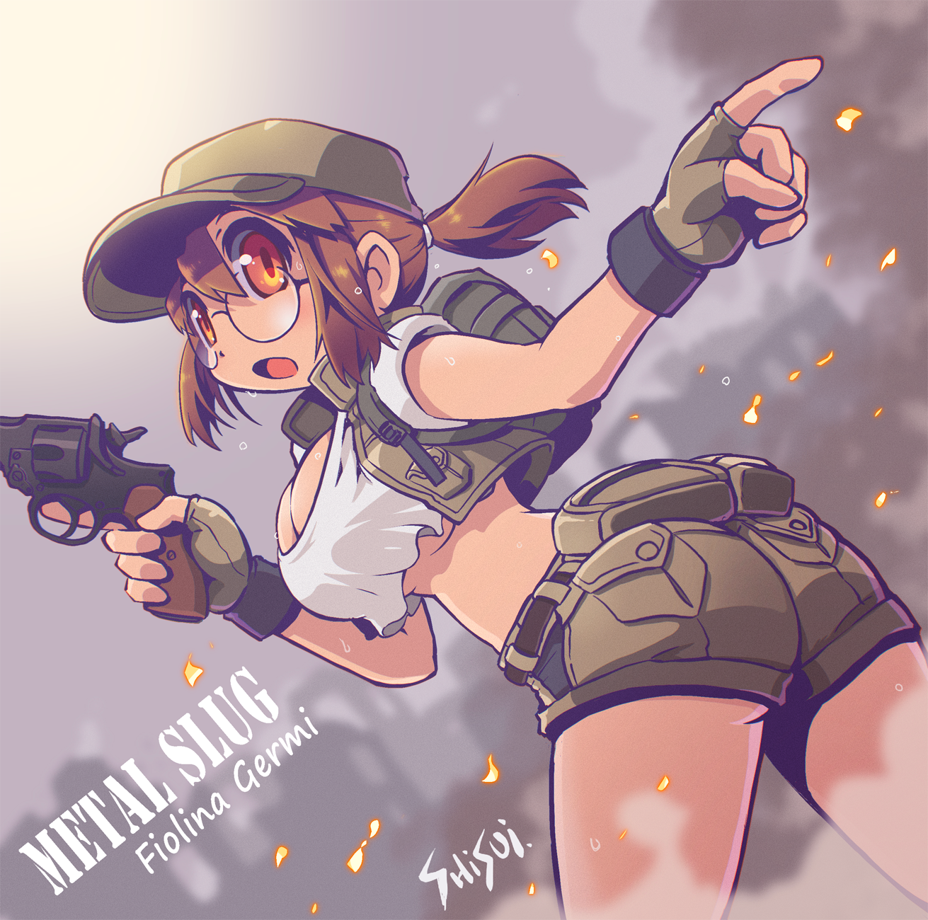 shisui, fio germi, metal slug, commentary, highres, 1girl, artist name, ass, baseball cap, breasts, brown hair, character name, cleavage, copyright name, cowboy shot, crop top, fingerless gloves, glasses, gloves, green gloves, green hat, green shorts, green vest, gun, hair tubes, handgun, hat, holding, holding gun, holding weapon, large breasts, midriff, open clothes, open mouth, open vest, orange eyes, pointing, ponytail, revolver, round eyewear, shirt, short shorts, shorts, solo, trigger discipline, vest, weapon, white shirt