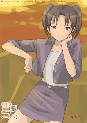 aisha callaaisha, amasawa yuuko, dennou coil, lowres, 00s, brown eyes, brown hair, jacket, sleeves rolled up, solo, twintails