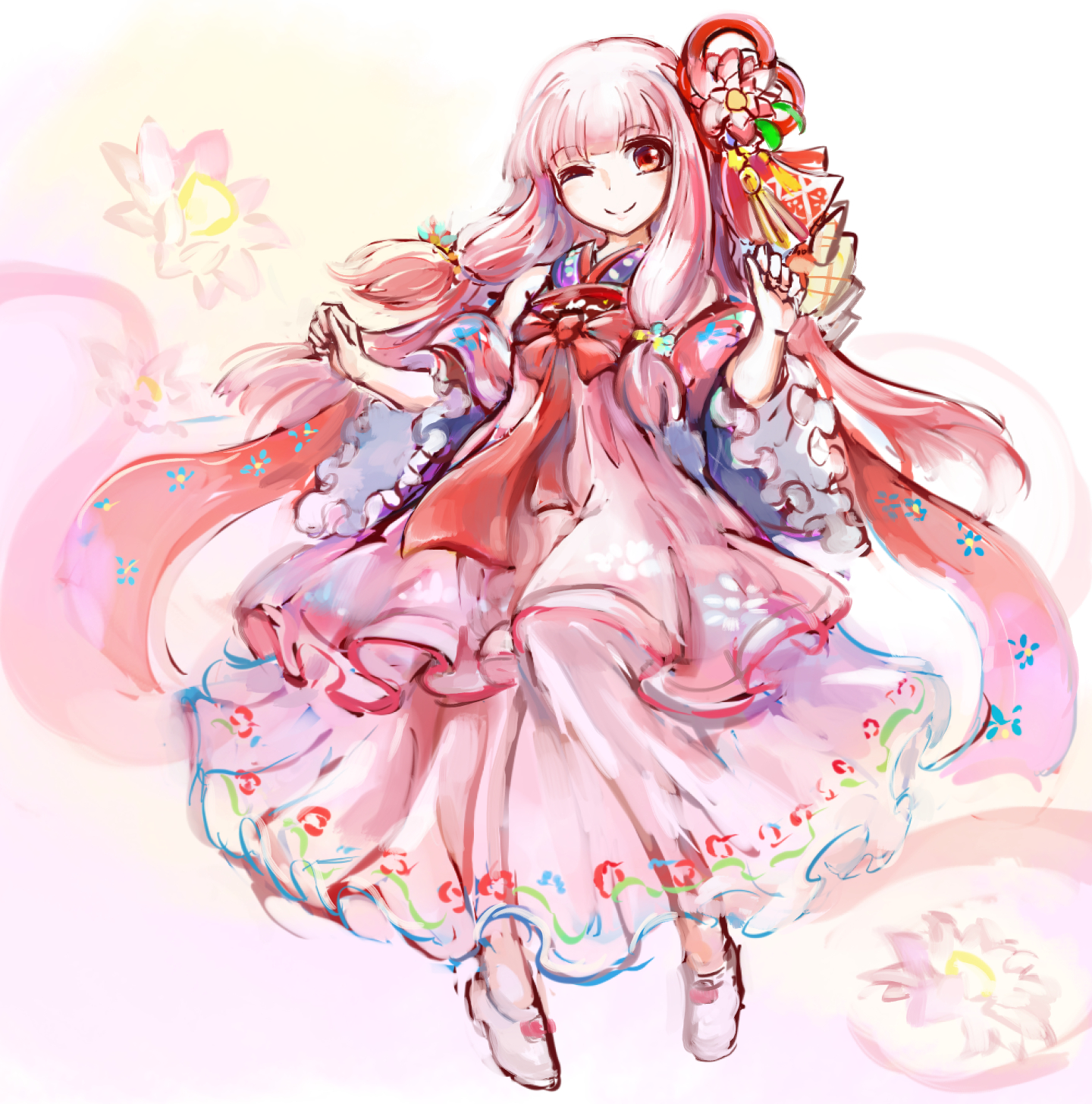 miyabi keishirou, kotonoha akane, voiceroid, highres, 1girl, bare shoulders, blunt bangs, bow, detached sleeves, dress, floating, floral print, flower, full body, hair flower, hair ornament, hands up, japanese clothes, kanzashi, kimono, knees together feet apart, light blush, long hair, looking at viewer, low-tied sidelocks, one eye closed, pink background, pink dress, pink flower, pink hair, red bow, red eyes, ribbon, shoes, sidelocks, smile, solo, tsumami kanzashi, white background, white shoes, wide sleeves, yellow background
