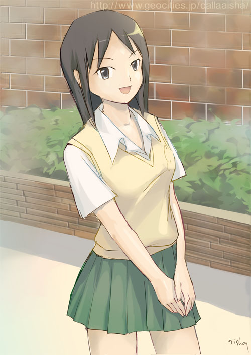 aisha callaaisha, harakawa tamako, dennou coil, wall, 00s, black hair, brown eyes, school uniform, serafuku, solo