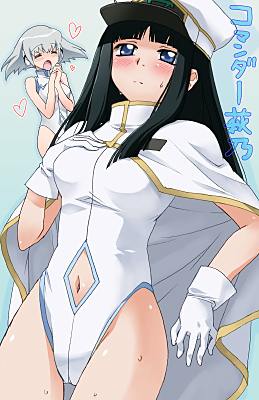 saipaco, senkouji hagino, tsubael, blue drop, silver hair, lowres, translated, 00s, 2girls, black hair, blue eyes, blush, cape, closed eyes, gloves, hat, heart, leotard, multiple girls, navel, open mouth, sweat