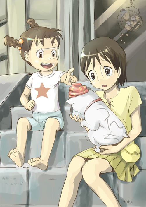 aisha callaaisha, densuke (dennou coil), okonogi kyouko, okonogi sanae, okonogi yuuko, dennou coil, translated, 00s, 2girls, barefoot, braid, brown eyes, brown hair, glasses, multiple girls, short hair, sitting, sitting on stairs, stairs, tears, twin braids