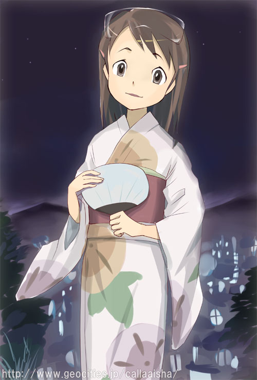 aisha callaaisha, hashimoto fumie, dennou coil, 00s, 1girl, brown eyes, brown hair, eyewear on head, female focus, glasses, hair ornament, hairclip, hand fan, head tilt, japanese clothes, kimono, long hair, night, outdoors, paper fan, sky, smile, solo, uchiwa