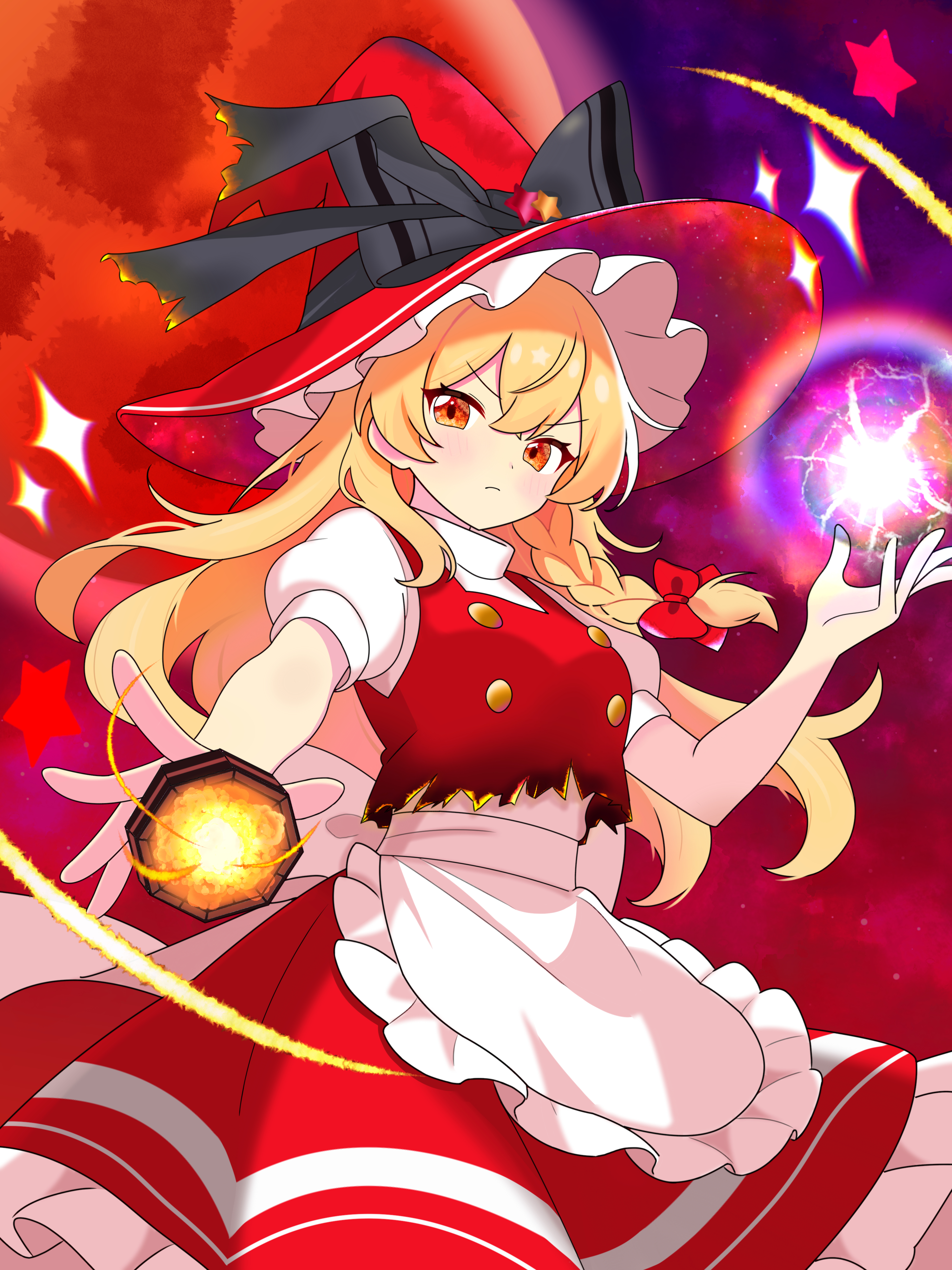 qing zhanglao, kirisame marisa, kirisame marisa (witch of scarlet dreams), touhou, touhou lostword, absurdres, highres, >:(, 1girl, apron, black ribbon, blonde hair, braid, burnt clothes, frilled apron, frilled hat, frilled skirt, frills, hair ribbon, hat, hat ribbon, long hair, moon, orange eyes, puffy short sleeves, puffy sleeves, red hat, red moon, red ribbon, red skirt, red vest, ribbon, shirt, short sleeves, side braid, skirt, solo, star (symbol), v-shaped eyebrows, vest, white apron, white shirt, witch hat