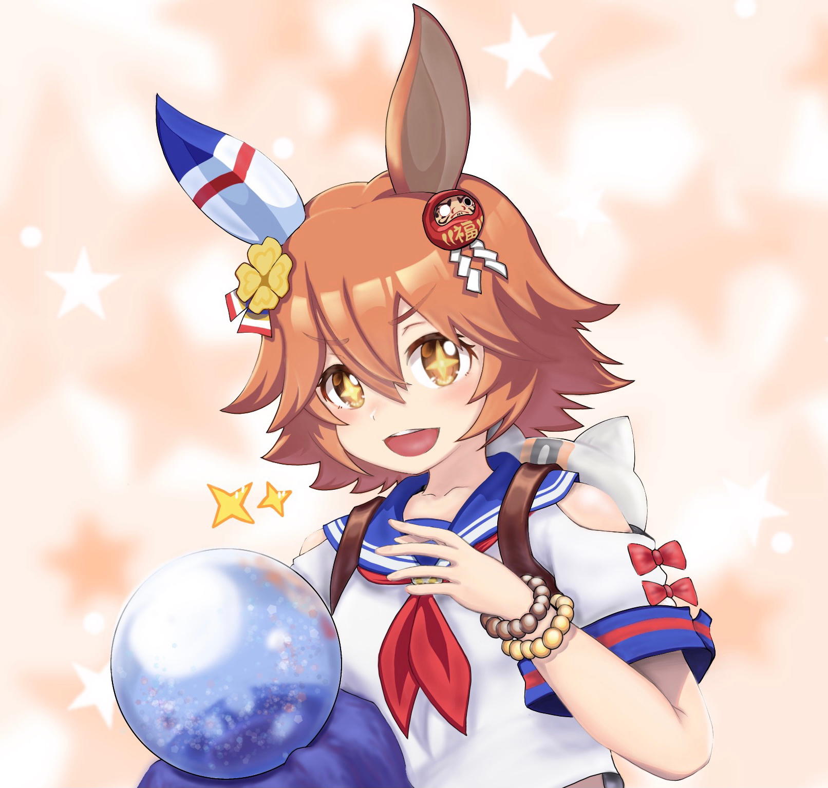 tomimon, matikanefukukitaru (umamusume), umamusume, commentary request, highres, + +, 1girl, :d, animal ears, blue sailor collar, bow, breasts, brown background, brown eyes, brown hair, clothing cutout, collarbone, crystal ball, daruma doll, flower, hair flower, hair ornament, horse ears, looking at viewer, maneki-neko, matikanefukukitaru (rising fortune) (umamusume), neckerchief, open mouth, red bow, red neckerchief, sailor collar, shide, shirt, short sleeves, shoulder cutout, small breasts, smile, solo, star (symbol), upper body, v-shaped eyebrows, white shirt, yellow flower
