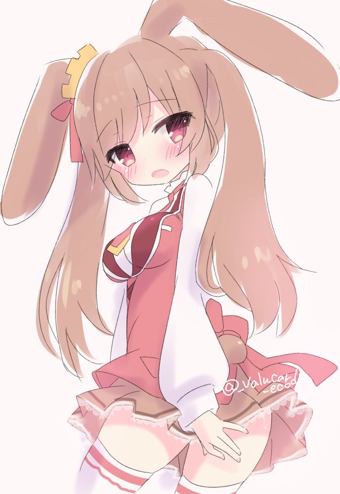 emil chronicle online, 1girl, animal ears, apron, blush, breasts, brown hair, brown skirt, cinamon alma, crown, embarrassed, from side, large breasts, necktie, pleated skirt, rabbit ears, rabbit girl, red apron, red eyes, red necktie, shirt, skirt, solo, thighhighs, twintails, twitter username, valucard eco, white background, white shirt, white thighhighs