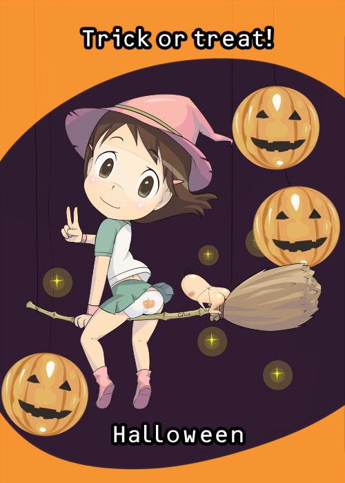 aisha callaaisha, hashimoto fumie, oyaji (dennou coil), dennou coil, pink footwear, 00s, 1boy, 1girl, blush, broom, broom riding, brown eyes, brown hair, chibi, clothed female nude male, creature, female focus, full body, glasses, goggles, green skirt, green sleeves, halloween, hat, jack-o'-lantern, jack-o'-lantern print, long hair, looking at viewer, looking back, miniskirt, nude, panties, pantyshot, pink hat, pleated skirt, print panties, pumpkin, raglan sleeves, shirt, skirt, solo, t-shirt, trick or treat, underwear, v, white panties, white shirt, witch hat