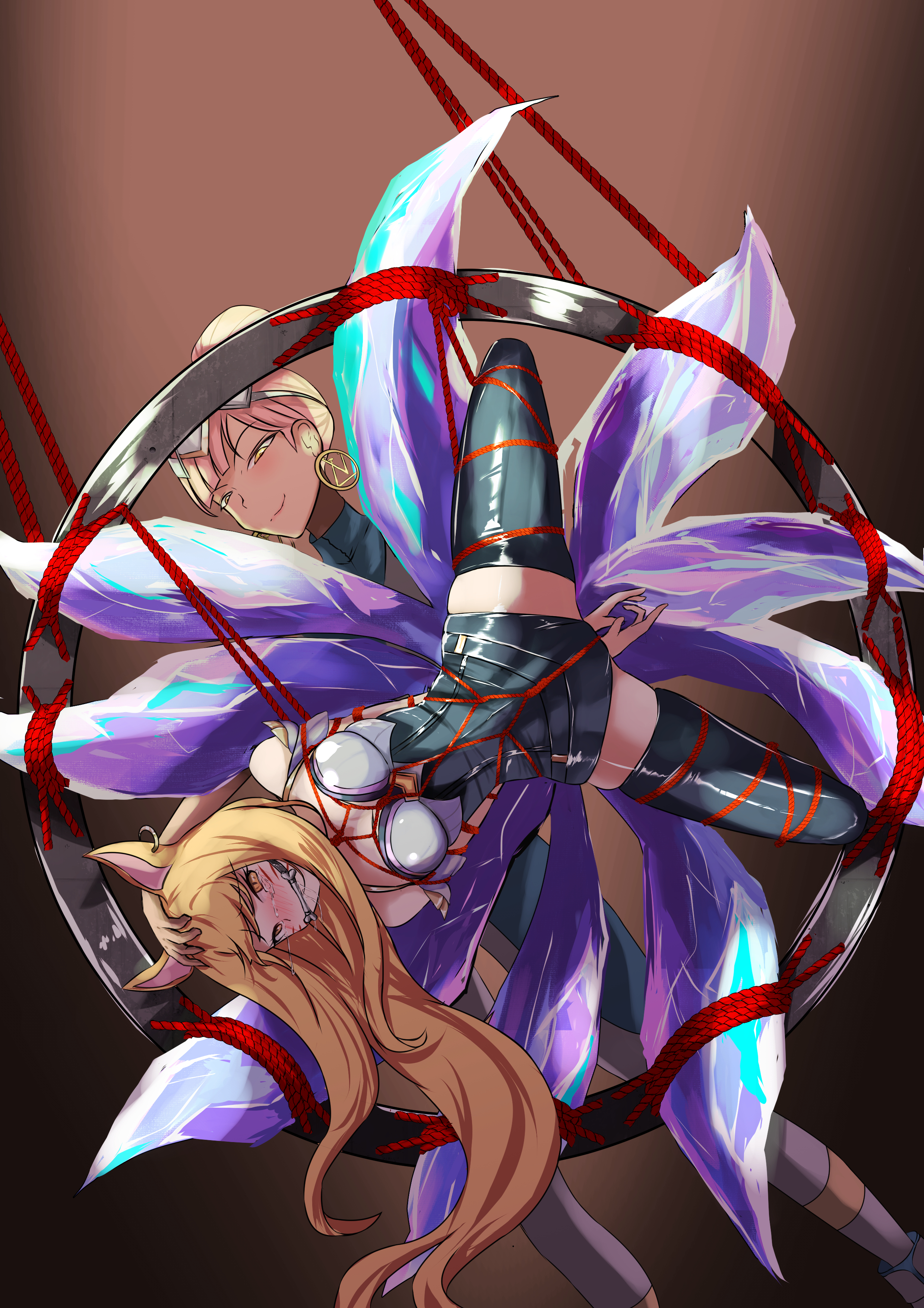 gakispark, ahri (league of legends), league of legends, character request, animal ears, arms behind back, bdsm, bondage, bound, crying, drooling, femdom, fox ears, fox girl, fox tail, gag, long hair, multiple tails, restrained, shibari, suspension, tail, tears, wheel, yuri