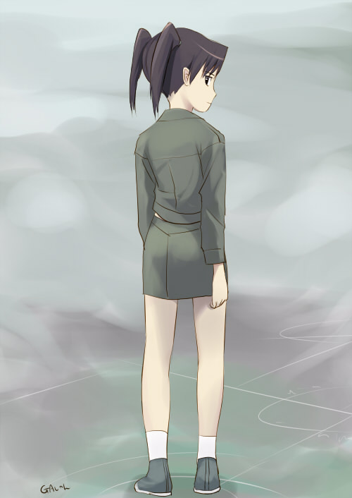aisha callaaisha, amasawa yuuko, dennou coil, 00s, 1girl, brown eyes, brown hair, female focus, jacket, looking back, miniskirt, pencil skirt, skirt, solo, twintails